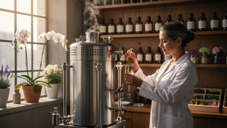 Visite d’atelier montrant l’extraction de parfum au CO2 supercritique dans un laboratoire moderne