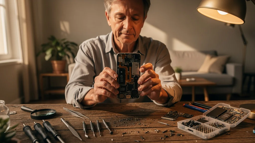 Personne réparant un smartphone en détail, symbolisant la réflexion sur réparer plutôt que changer