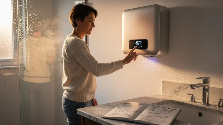 Personne ajustant la température d’un chauffe-eau moderne pour mesurer les économies d’un mois