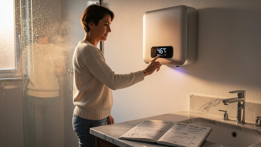 Personne ajustant la température d’un chauffe-eau moderne pour mesurer les économies d’un mois