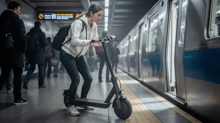 Femme portant une trottinette électrique lourde dans le métro, comparant mobilité urbaine vélo et trottinette