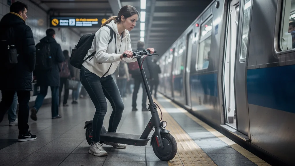 Femme portant une trottinette électrique lourde dans le métro, comparant mobilité urbaine vélo et trottinette