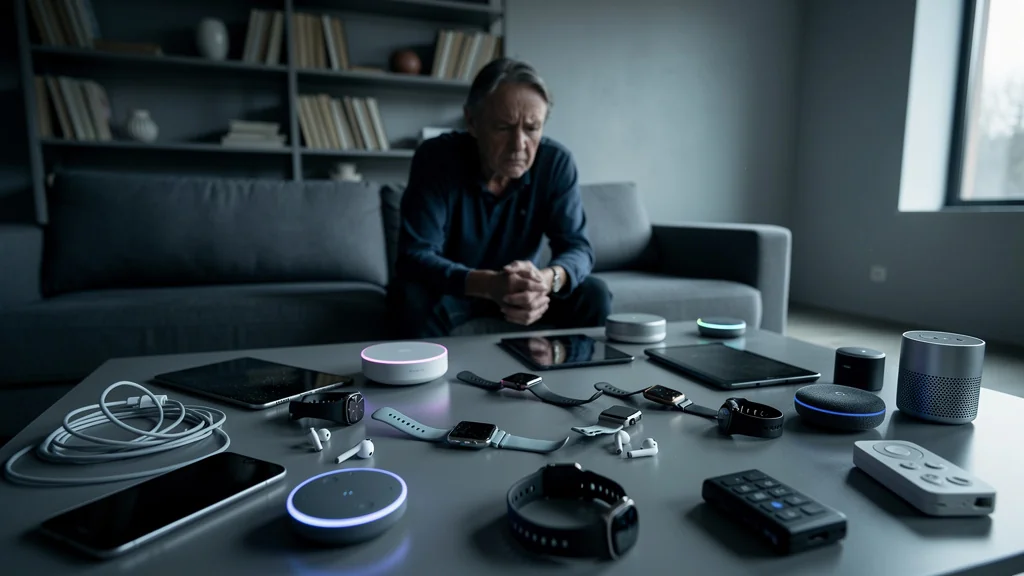 Personne regrettant l'accumulation de gadgets connectés inutilisés dans un salon moderne