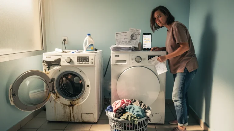 Femme frustrée après un achat précipité d'un lave-linge neuf faute de réparation à temps
