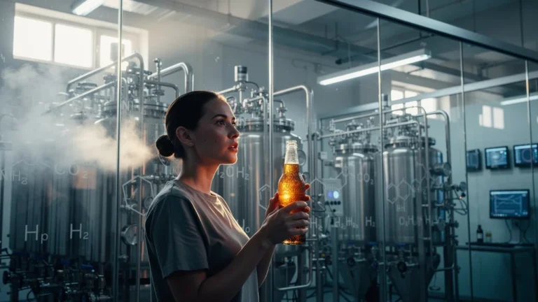 Femme découvrant le lien entre le CO2 de son soda et celui d'un laboratoire d'extraction moderne