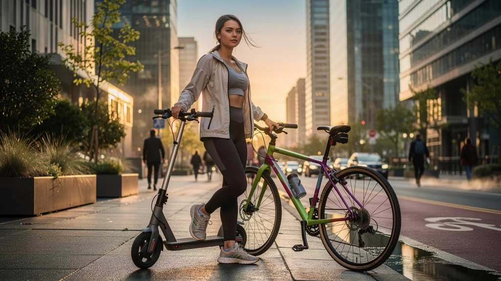 Suivi six semaines trajets trottinette et vélo, comparaison effort corps dans ville urbaine moderne