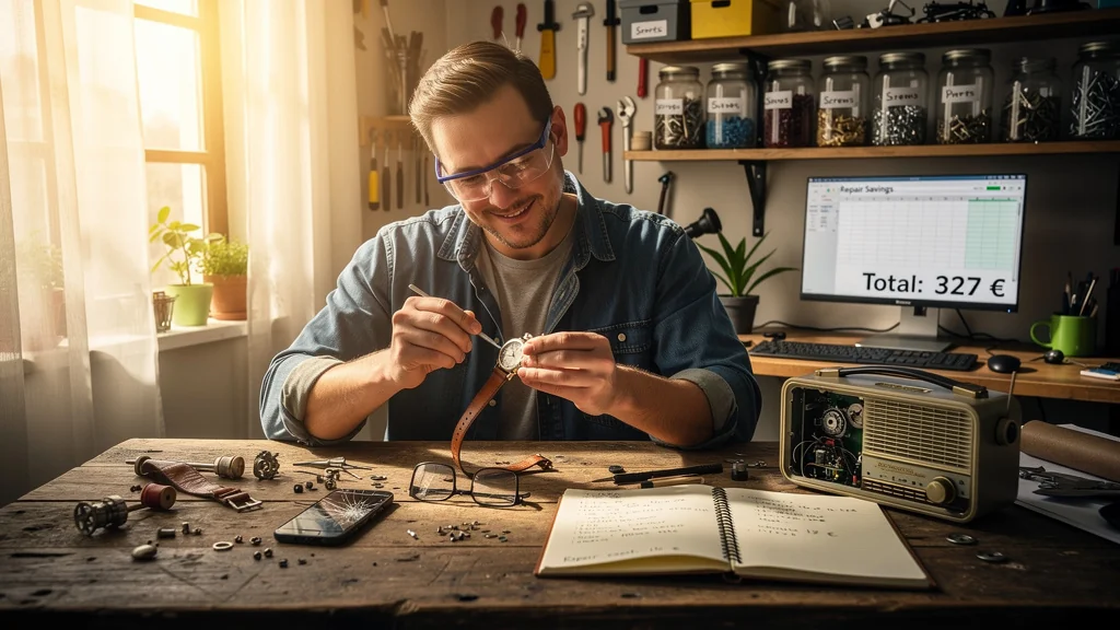 Atelier de réparation avec objets réparés illustrant 300 euros économisés en un mois