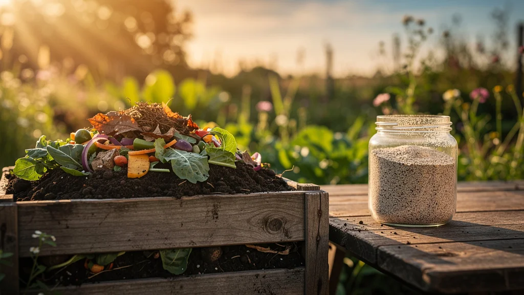 Scène réaliste d’un compost avec activateur en poudre en plein air sous lumière naturelle dorée