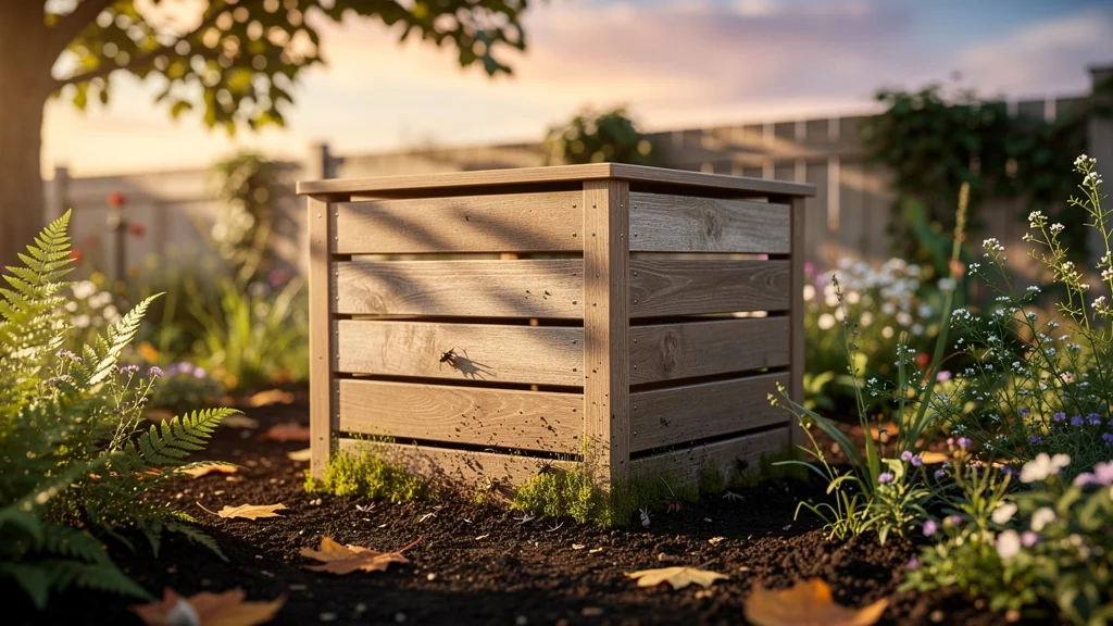Bac à compost en bois dans un coin de jardin verdoyant, lumière dorée au coucher du soleil, éco-responsabilité