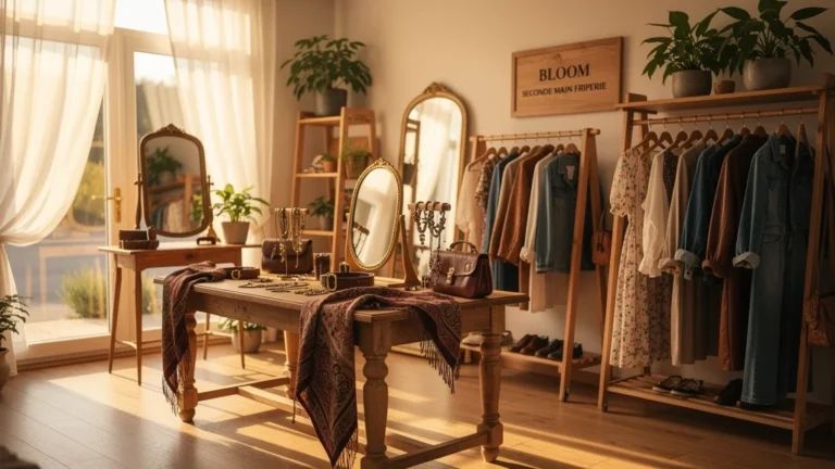Intérieur lumineux et soigné de la friperie Bloom Seconde Main, ambiance chaleureuse et vintage