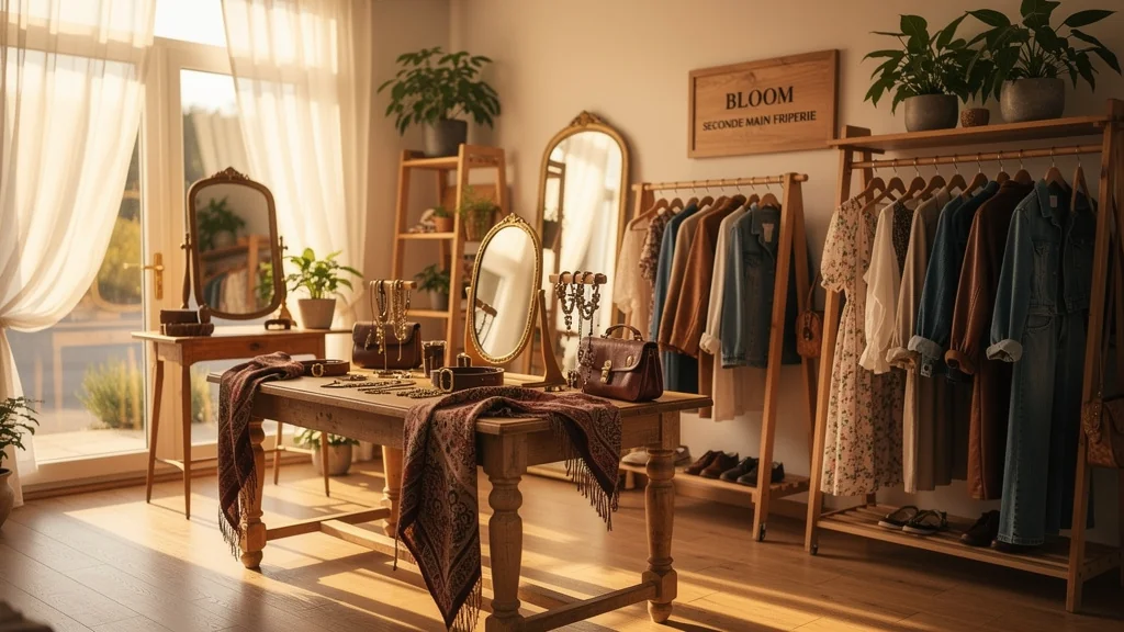 Intérieur lumineux et soigné de la friperie Bloom Seconde Main, ambiance chaleureuse et vintage