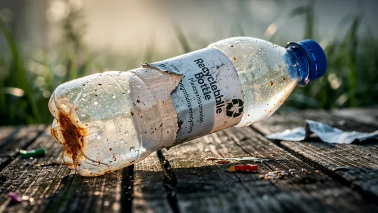 Bouteille plastique recyclage avec erreurs courantes avant recyclage sur surface en bois extérieure