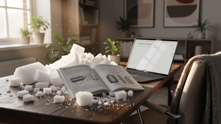 Espace de travail réaliste avec polystyrène et documents techniques sur le recyclage avant découverte