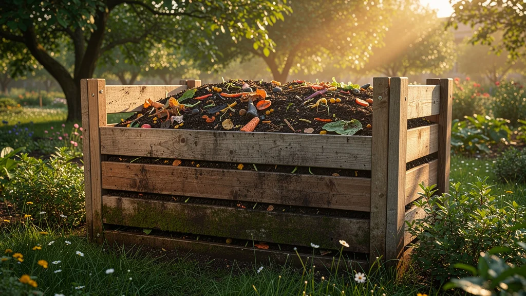 Composteur jardin performant après 3 mois, matériaux naturels et sol riche en décomposition organique