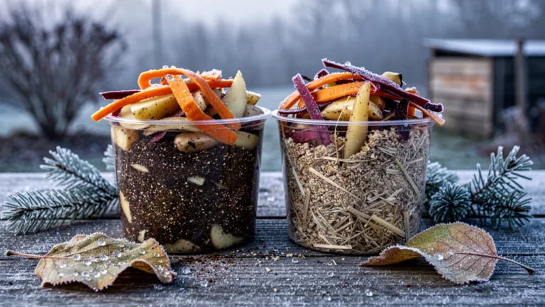 Comparaison hyperréaliste de deux activateurs de compost sur épluchures d'hiver en gros plan
