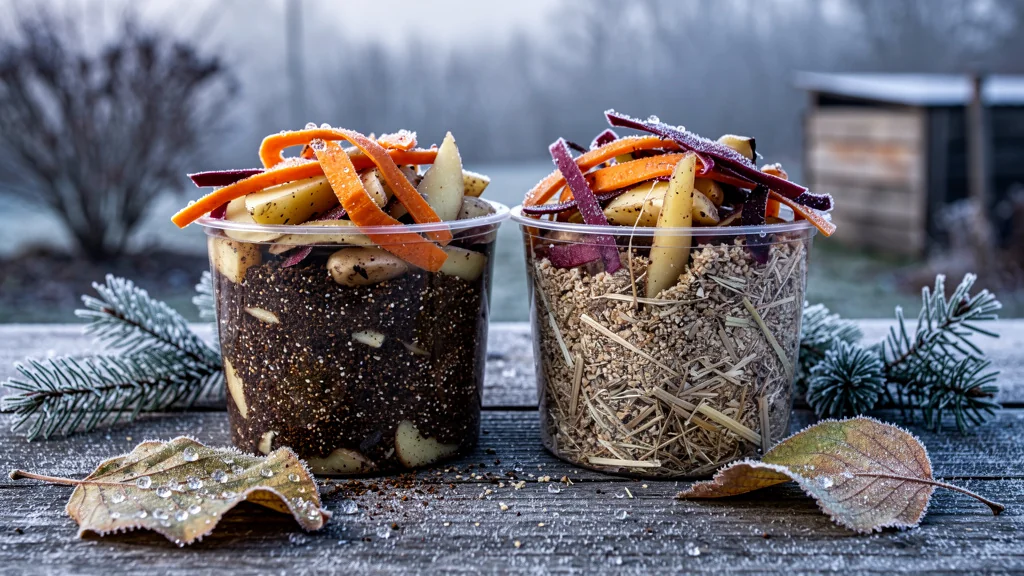 Comparaison hyperréaliste de deux activateurs de compost sur épluchures d'hiver en gros plan