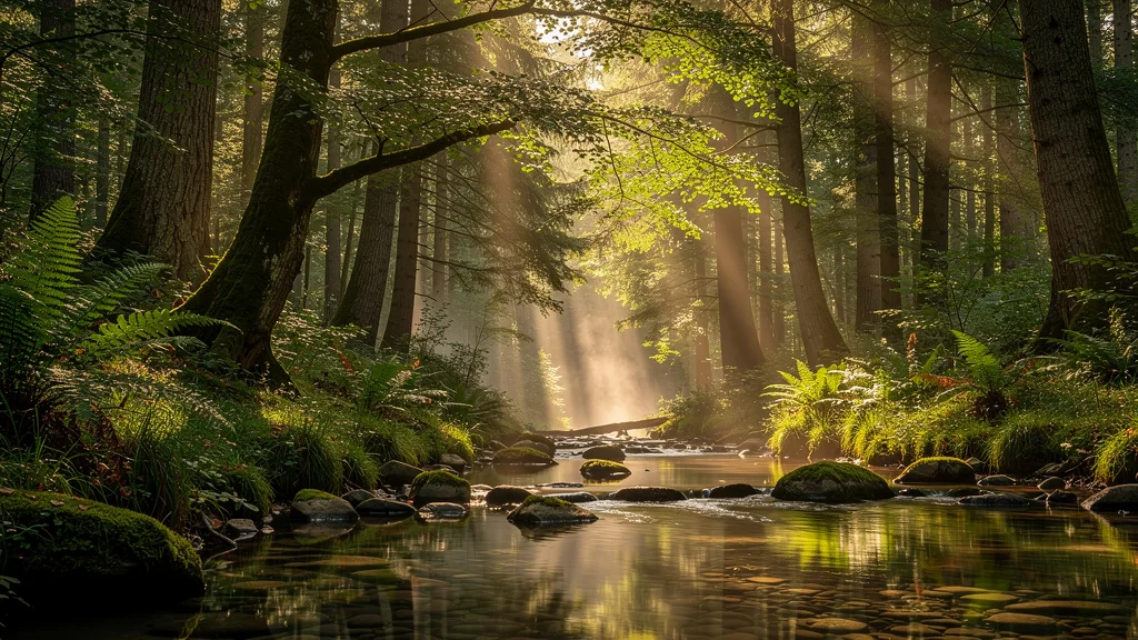 Paysage naturel hyper-réaliste de Faun Environnement au lever du soleil avec forêt et ruisseau clair