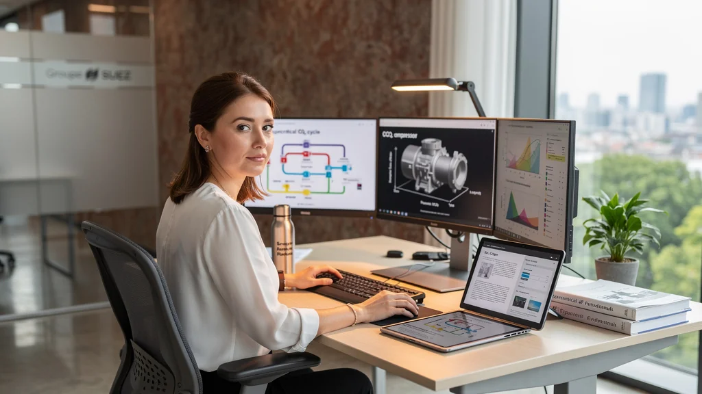 Femme rédactrice technique au bureau moderne du groupe Suez, ambiance professionnelle et durable