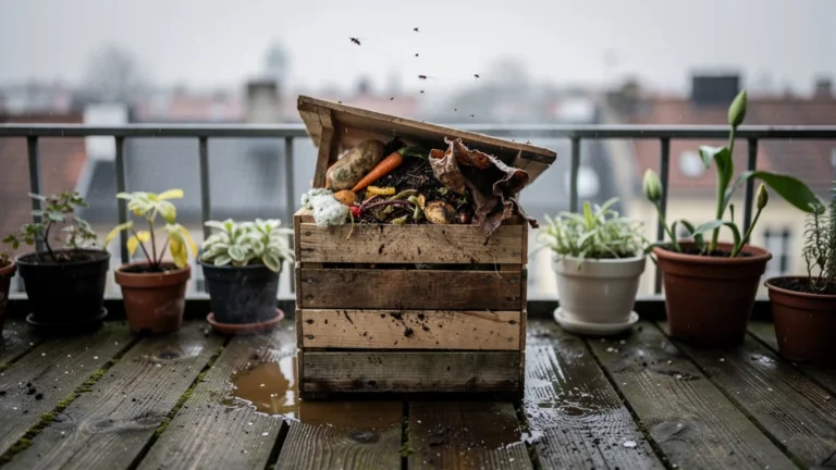 Balcon nordique avec composteur artisanal montrant les premiers échecs du compostage urbain