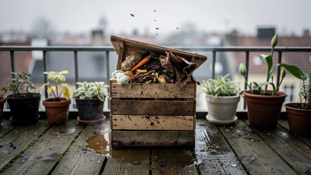 Balcon nordique avec composteur artisanal montrant les premiers échecs du compostage urbain