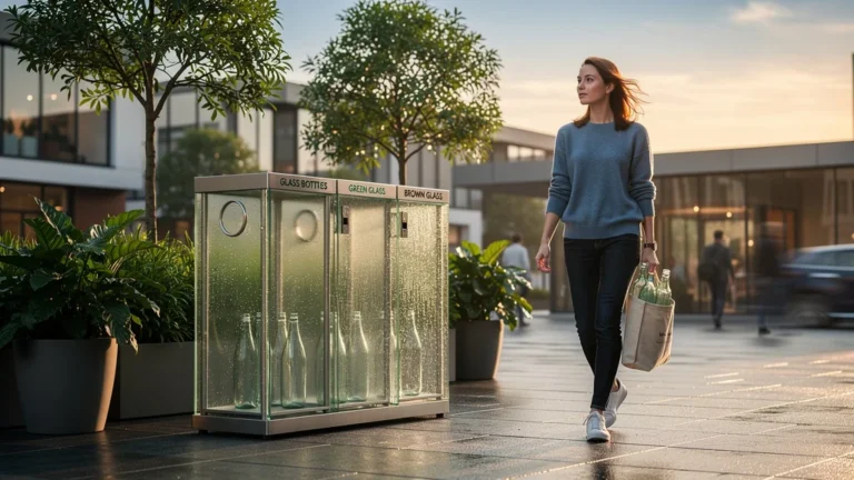 Station moderne de consigne du verre en ville avec une femme engagée déposant ses bouteilles en verre recyclables