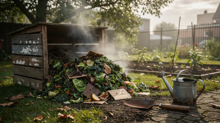 Compost raté avec excès de matières vertes et manque de brun, illustration réaliste en 8K