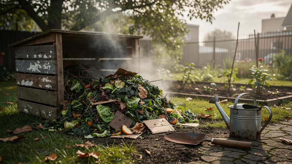 Compost raté avec excès de matières vertes et manque de brun, illustration réaliste en 8K