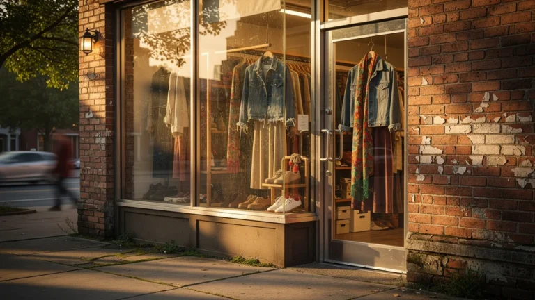 Façade d'une friperie de quartier avec vêtements vintage exposés, ambiance chaleureuse et écologique