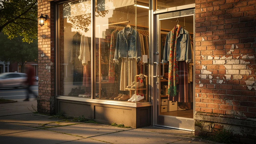 Façade d'une friperie de quartier avec vêtements vintage exposés, ambiance chaleureuse et écologique