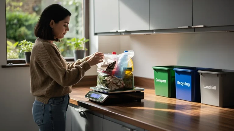 Femme pesant ses poubelles chaque semaine pour observer les déchets recyclés et réduire son impact environnemental