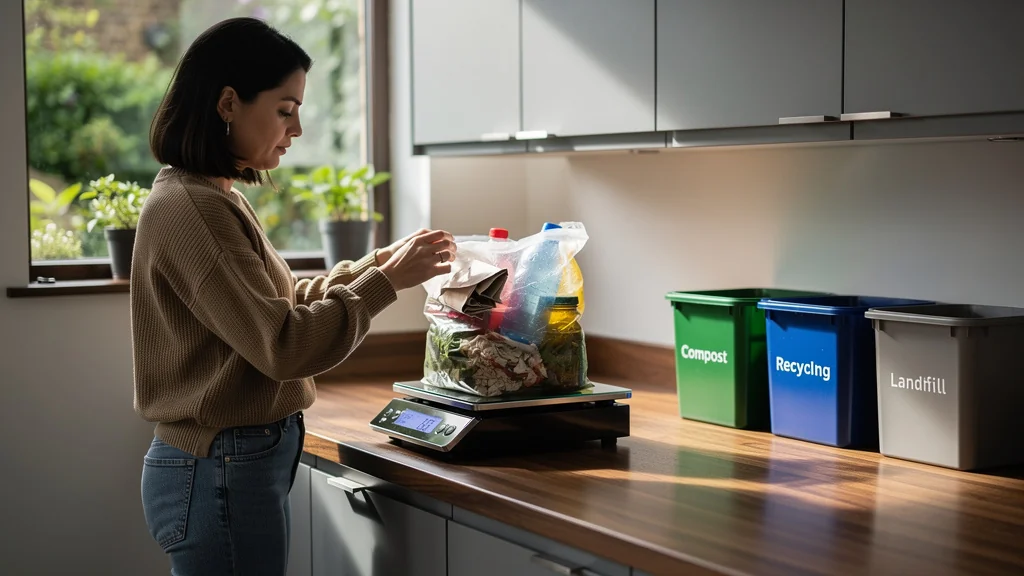 Femme pesant ses poubelles chaque semaine pour observer les déchets recyclés et réduire son impact environnemental