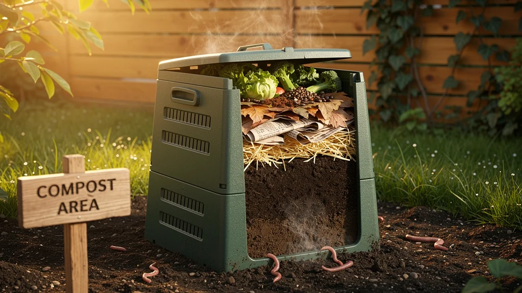 Composteur moderne avec déchets organiques verts et bruns pour bien démarrer un compost équilibré