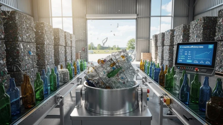 Installation moderne de recyclage du verre avec machine broyeuse et convoyeurs sous lumière naturelle
