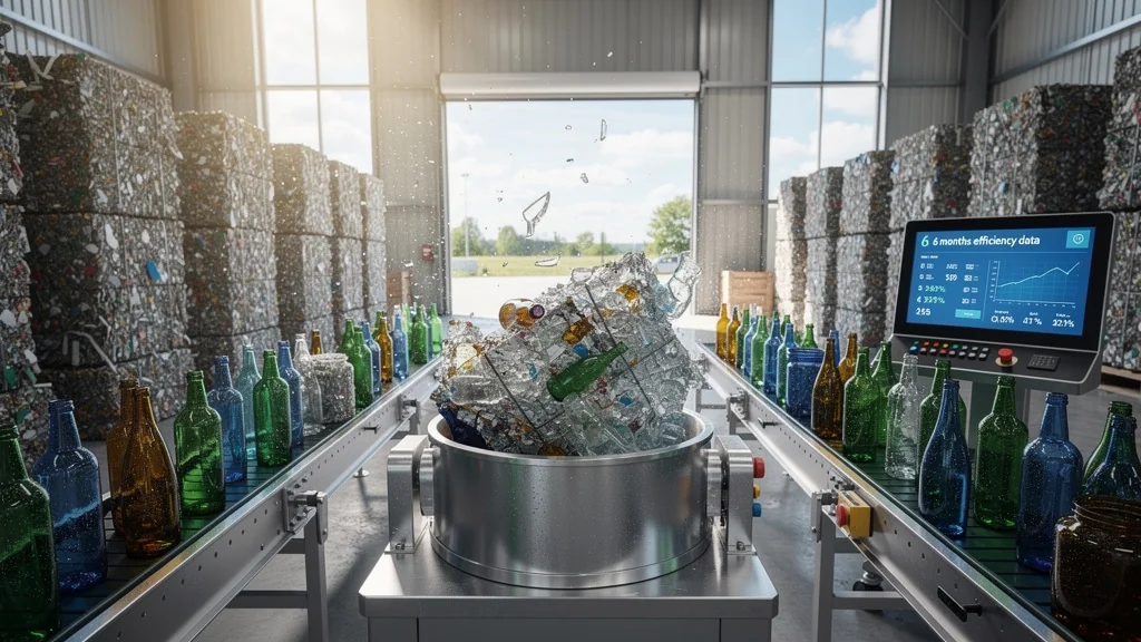 Installation moderne de recyclage du verre avec machine broyeuse et convoyeurs sous lumière naturelle