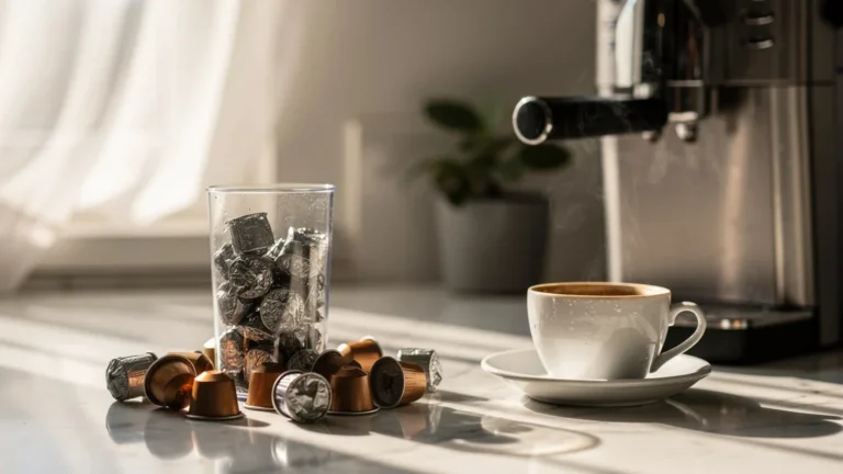 Capsules de café usagées recyclées sur un plan de travail avec machine à café en arrière-plan
