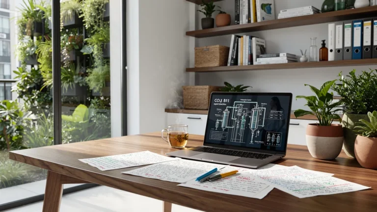 Espace de travail moderne et écologique illustrant trois mois d'expérience avec Recyclum et CO2 supercritique