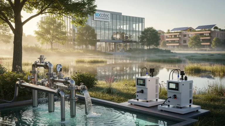 Vue hyperréaliste d’une station environnementale Socotec Environnement en pleine nature au lever du jour