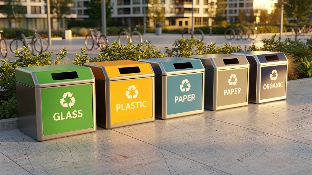 Station de tri des déchets urbaine moderne avec bennes colorées et ambiance lumineuse naturelle