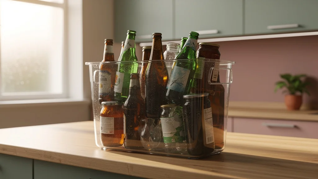 Cuisine moderne avec bac de recyclage verre rempli, illustrant tri des déchets sur le verre pendant un mois